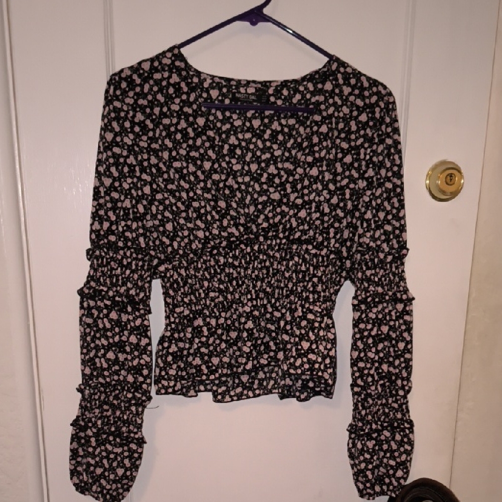 Nasty Gal | Black and Pink Floral Ruffle Blouse